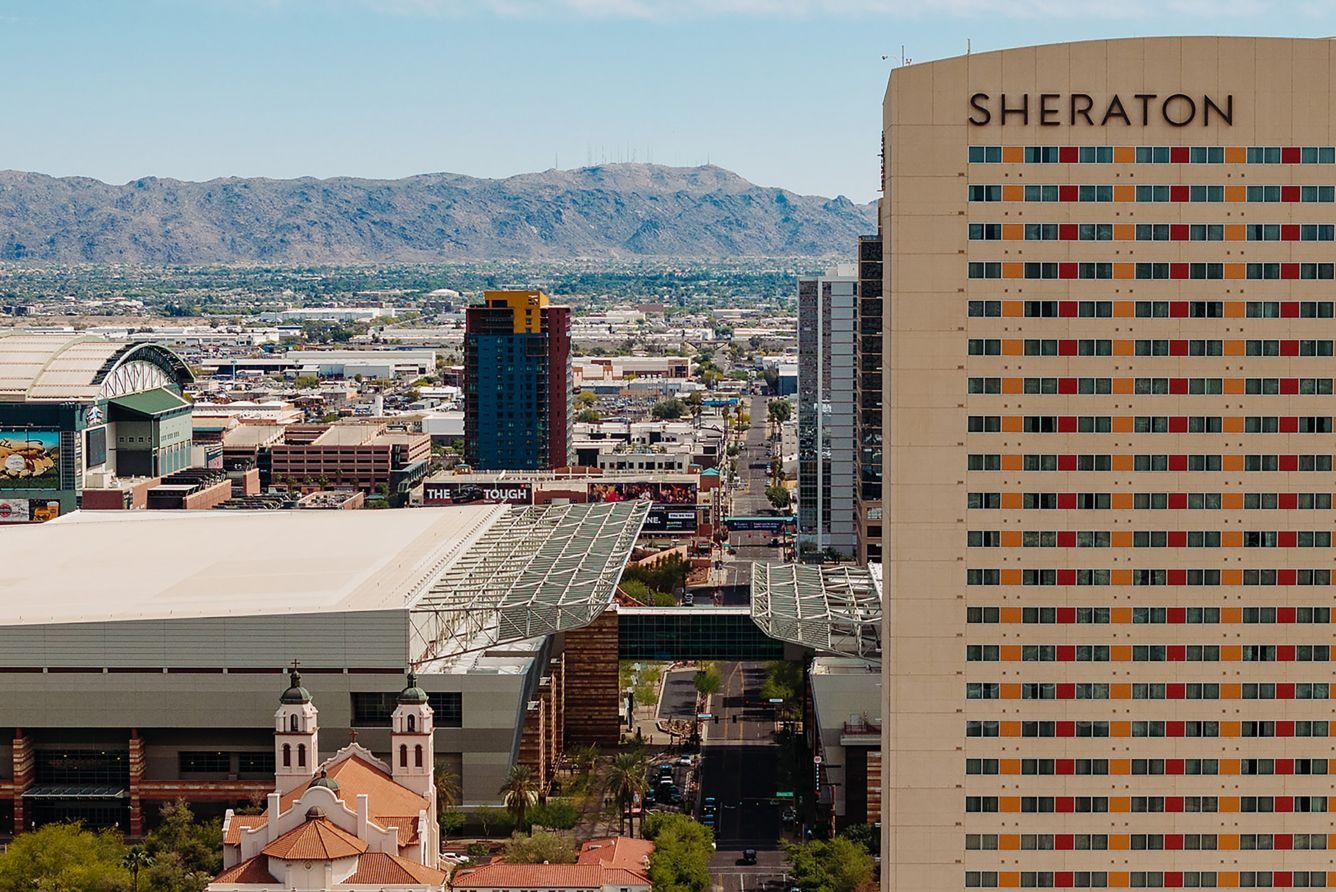 Shetaton Phoenix exterior with a view of the Phoenix Convention Center and downtown