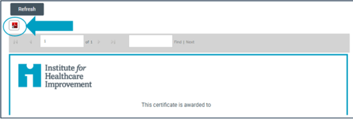 A screenshot of a page on the IHI website, with a circle and arrow highlighting a red PDF icon that users should click to download their certificate(s).